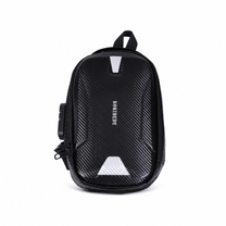 Black bag with a carbon fibre pattern, the text KOKIBEDY, reflective strip, handle and combination lock against a white background