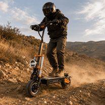 Rider taking the BOYUEDA M2 electric scooter off-road on a trail