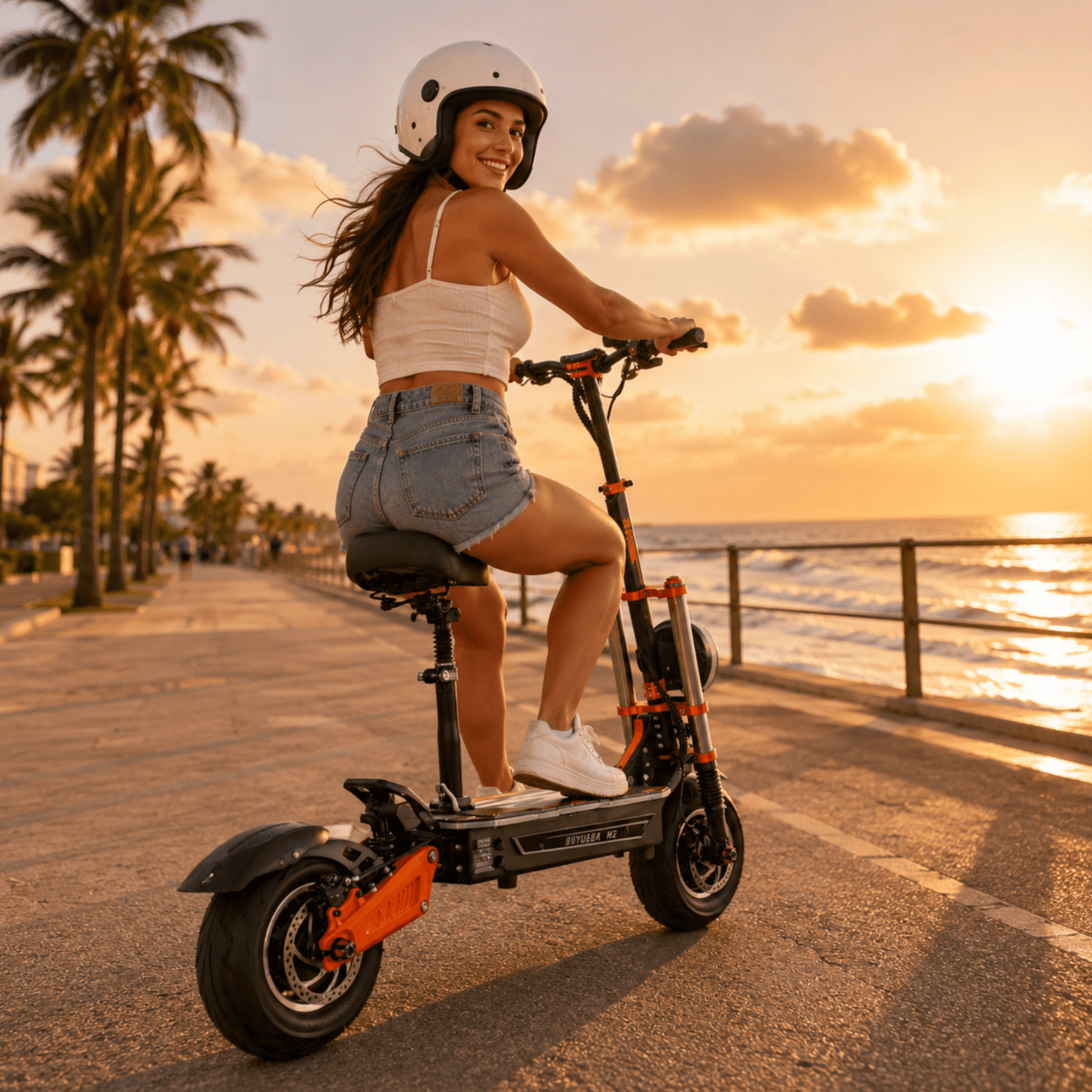 Woman riding the BOYUEDA M2 electric scooter by the sea