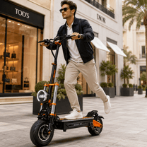 Man riding the BOYUEDA M2 electric scooter on a street