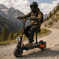 Rider taking the BOYUEDA M2 electric scooter off-road in the mountains