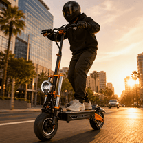 Man riding the BOYUEDA M2 electric scooter at sunset