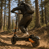 Rider taking the BOYUEDA M2 electric scooter off-road in the forest