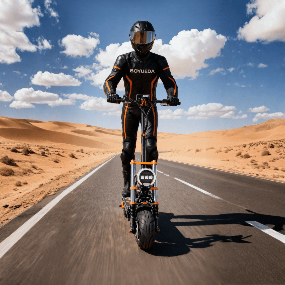 Man riding the BOYUEDA M2 electric scooter on a road