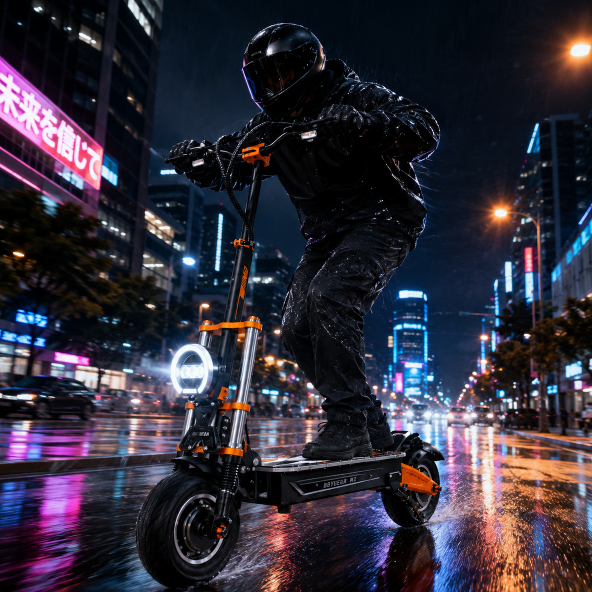 Man riding the BOYUEDA M2 electric scooter in an evening setting