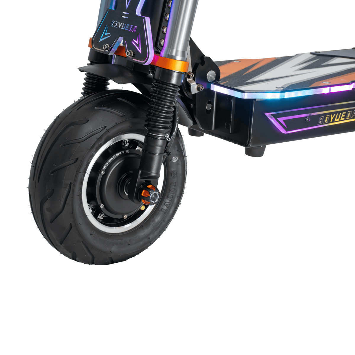 BOYUEDA M2 front wheel and fork in close-up