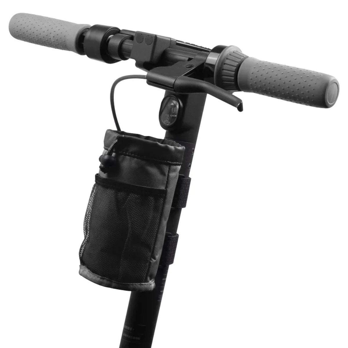 Bottle holder Bag Edition in black on the electric scooter, angled view