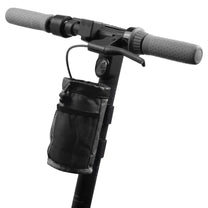 Bottle holder Bag Edition in black on the electric scooter, angled view