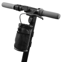 Bottle holder Bag Edition in black on the electric scooter, angled view