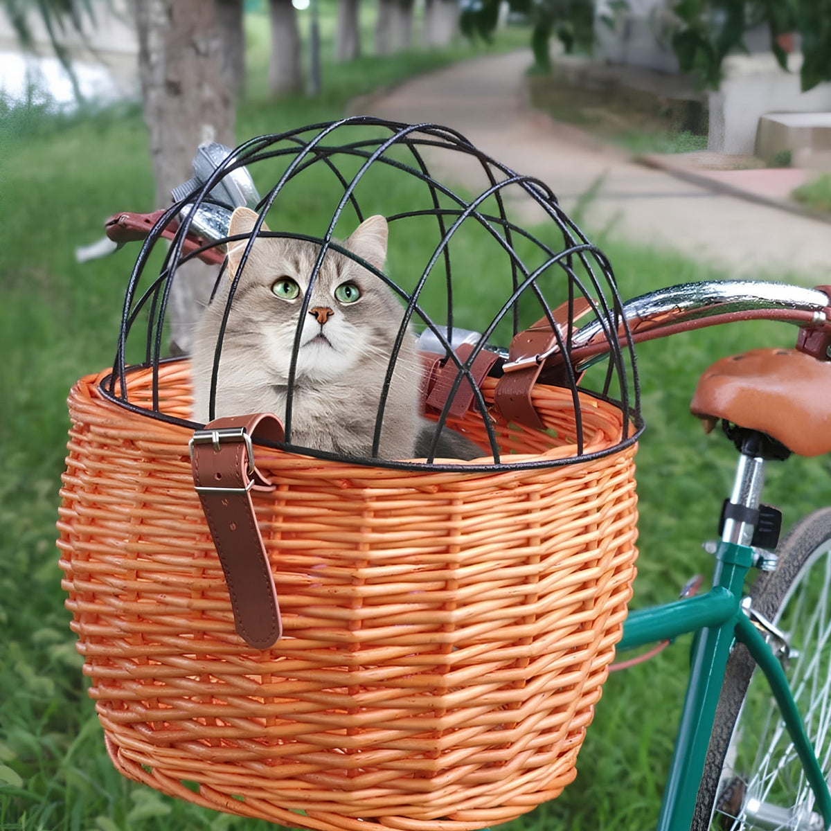 Pet bicycle basket Classic Edition with a cat inside