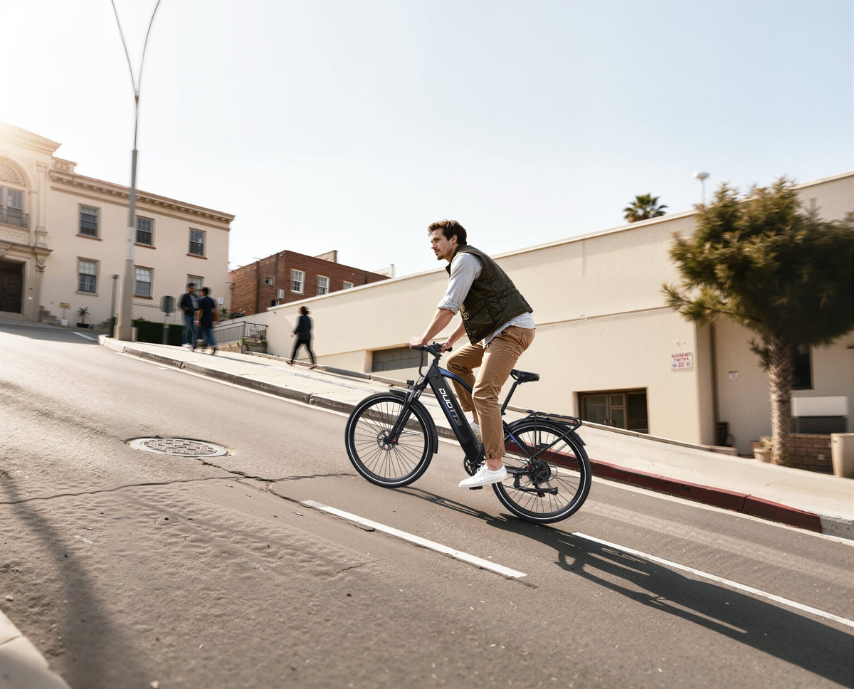 Man riding the Duotts C29 Max e-bike on a road