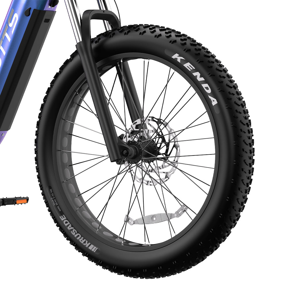 Duotts E26 front wheel and fork in close-up