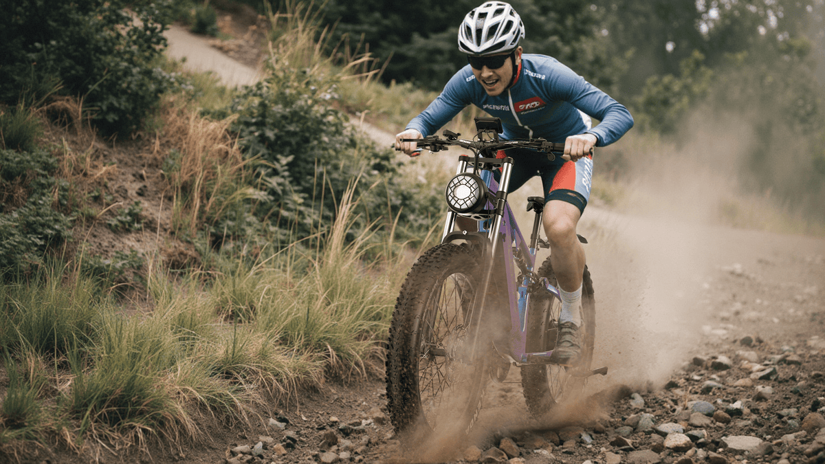 Rider taking the Duotts E26 fat-tyre e-bike off-road in the forest