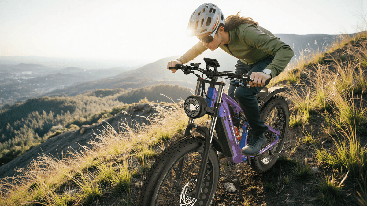 Man riding the Duotts E26 fat-tyre e-bike on a grassy field
