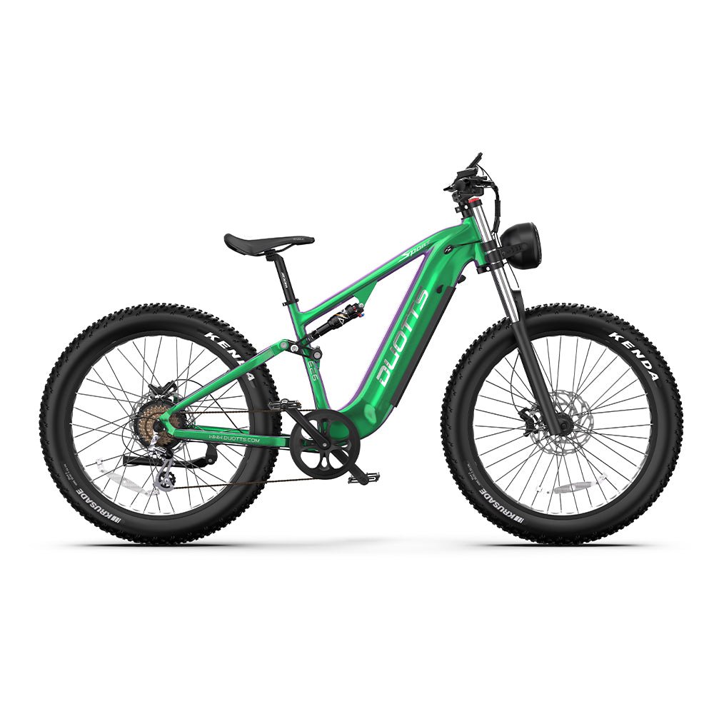 Duotts E26 fat-tyre e-bike seen from the side in green