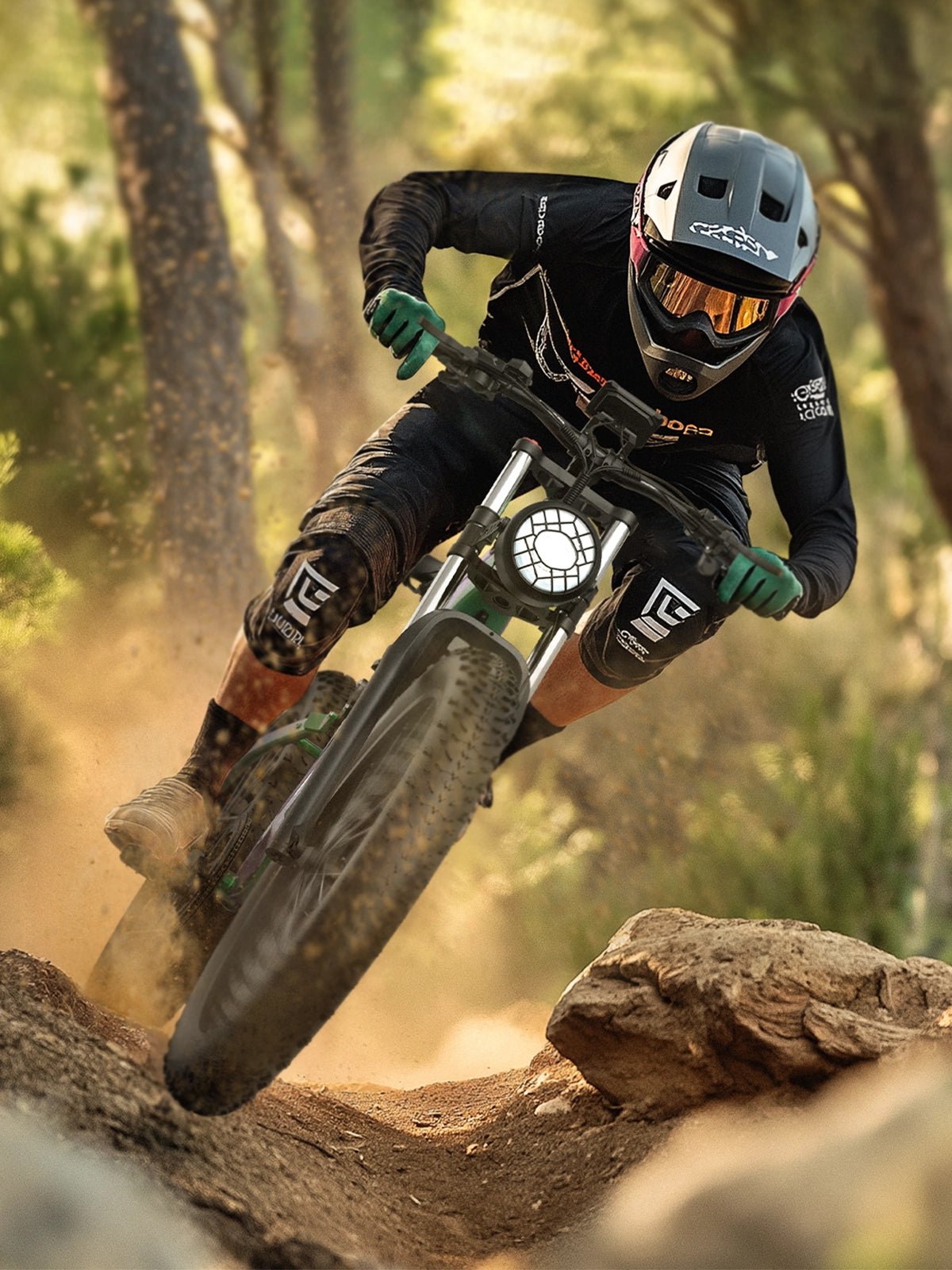 Rider taking the Duotts E26 fat-tyre e-bike off-road