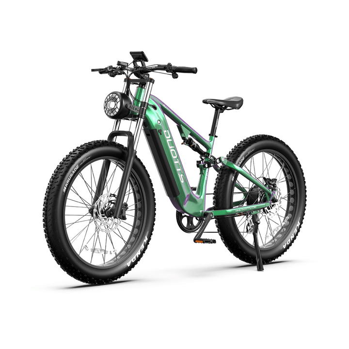 Duotts E26 fat-tyre e-bike, front three-quarter view in green