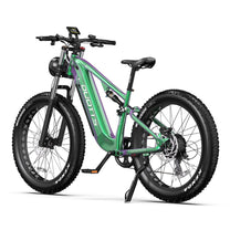 Duotts E26 fat-tyre e-bike, front three-quarter view in green