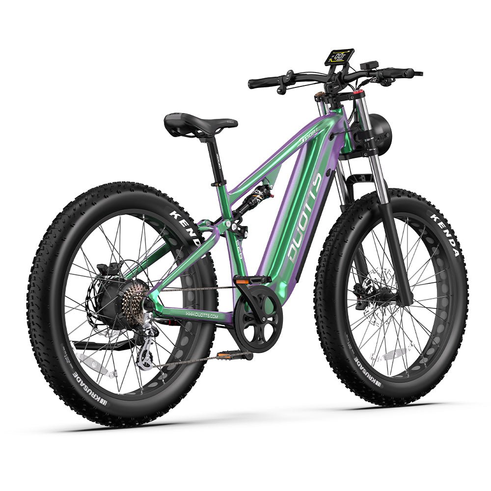 Duotts E26 fat-tyre e-bike, front three-quarter view in green