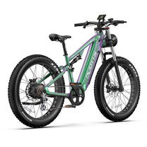 Duotts E26 fat-tyre e-bike, front three-quarter view in green