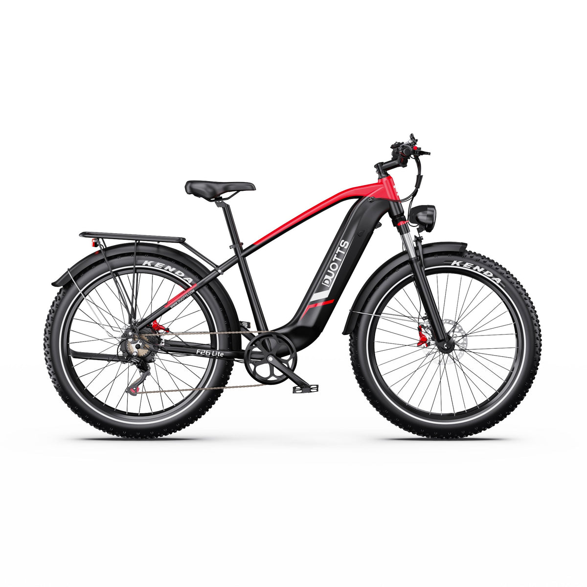 Duotts F26 Lite fat-tyre e-bike seen from the side in red
