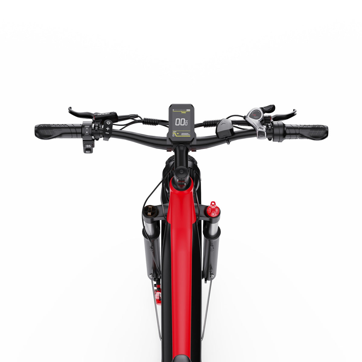 Duotts F26 Lite fat-tyre e-bike seen from the front in red