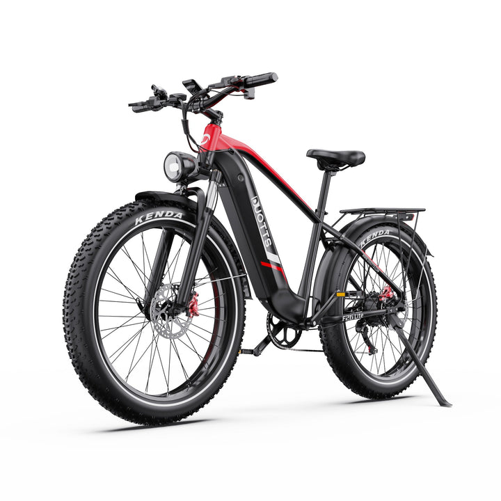 Duotts F26 Lite fat-tyre e-bike, rear three-quarter view in red
