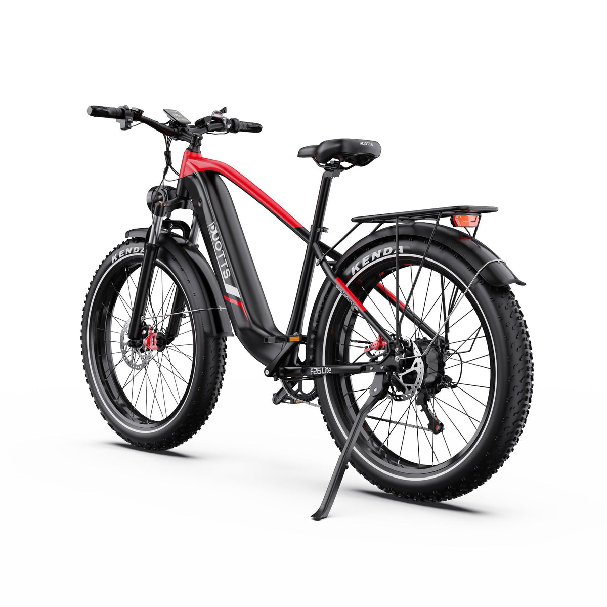 Duotts F26 Lite fat-tyre e-bike, front three-quarter view in red