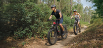 Two riders with the Duotts F26 Lite fat-tyre e-bike in the forest