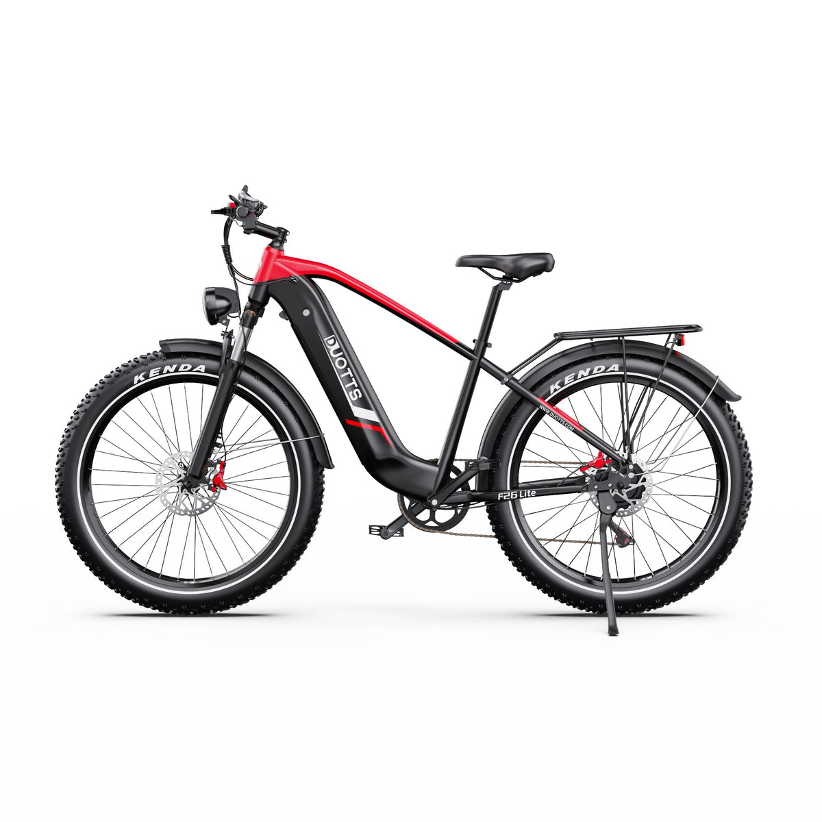 Duotts F26 Lite fat-tyre e-bike seen from the side in red