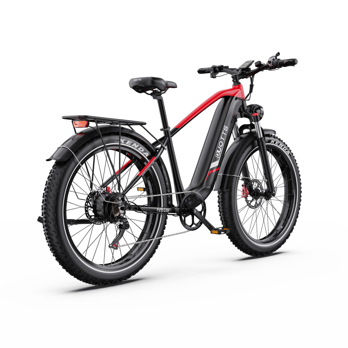 Duotts F26 Lite fat-tyre e-bike, rear three-quarter view in red