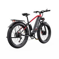 Duotts F26 fat-tyre e-bike, rear three-quarter view in red