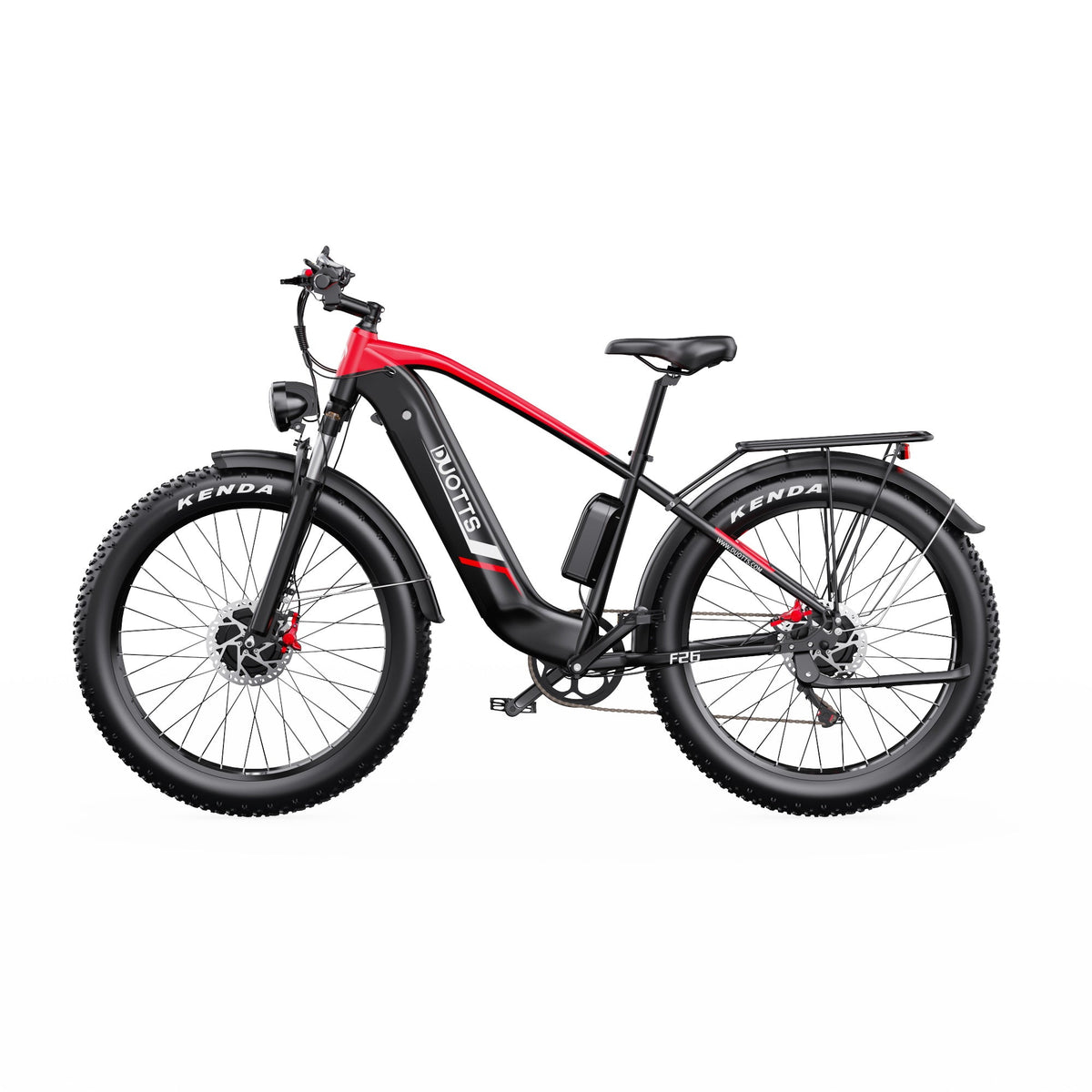 Duotts F26 fat-tyre e-bike seen from the side in red