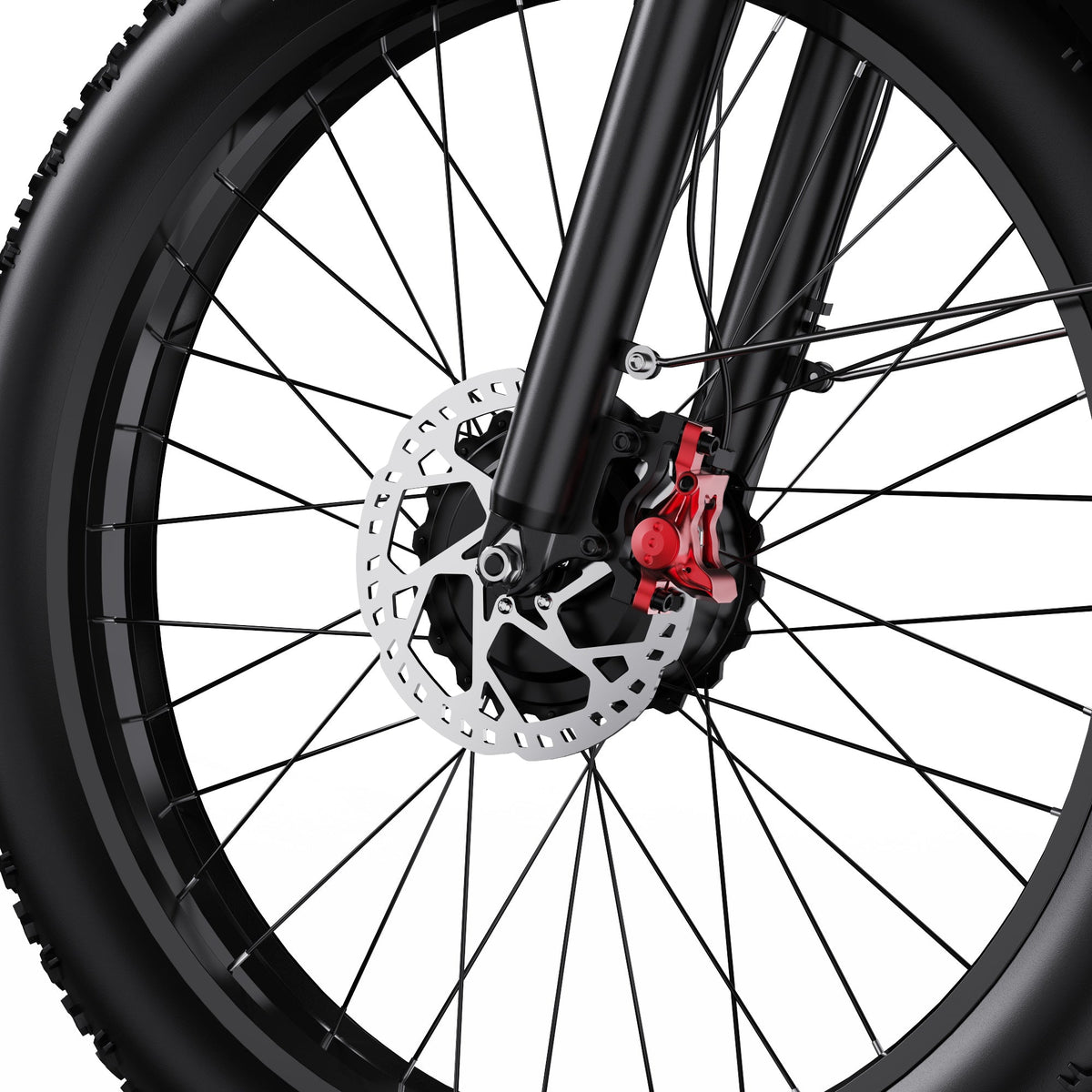 Duotts F26 front wheel and fork in close-up