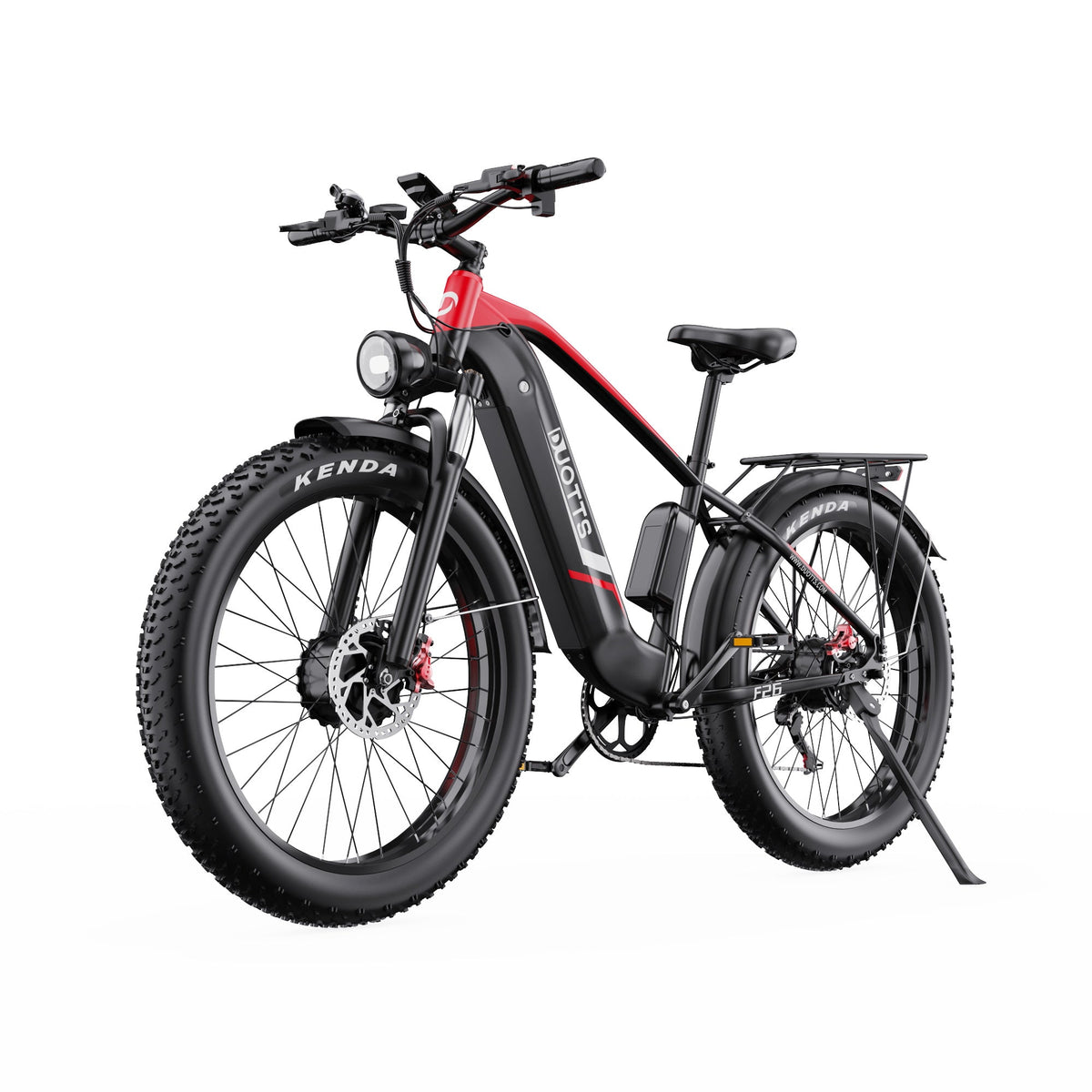 Duotts F26 fat-tyre e-bike, front three-quarter view in red