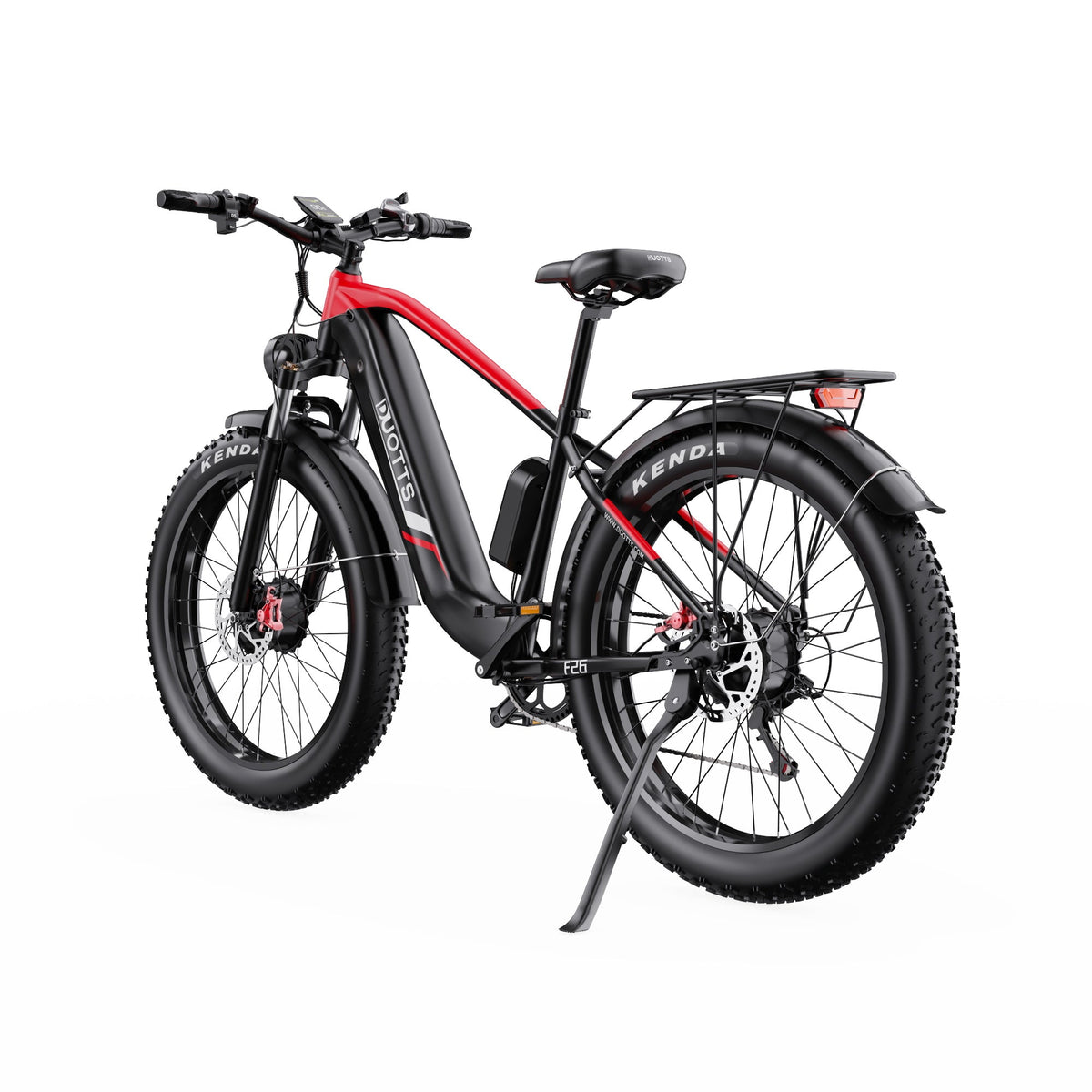 Duotts F26 fat-tyre e-bike, rear three-quarter view in red