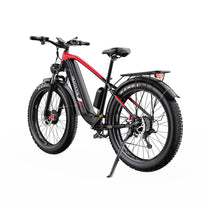 Duotts F26 fat-tyre e-bike, rear three-quarter view in red