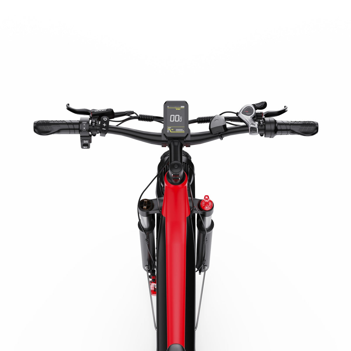 Duotts F26 fat-tyre e-bike seen from the front in red