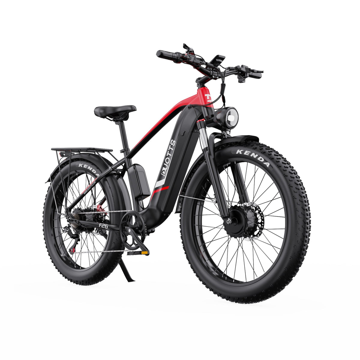 Duotts F26 fat-tyre e-bike, front three-quarter view in red