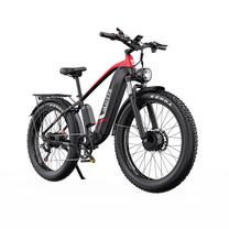 Duotts F26 fat-tyre e-bike, front three-quarter view in red