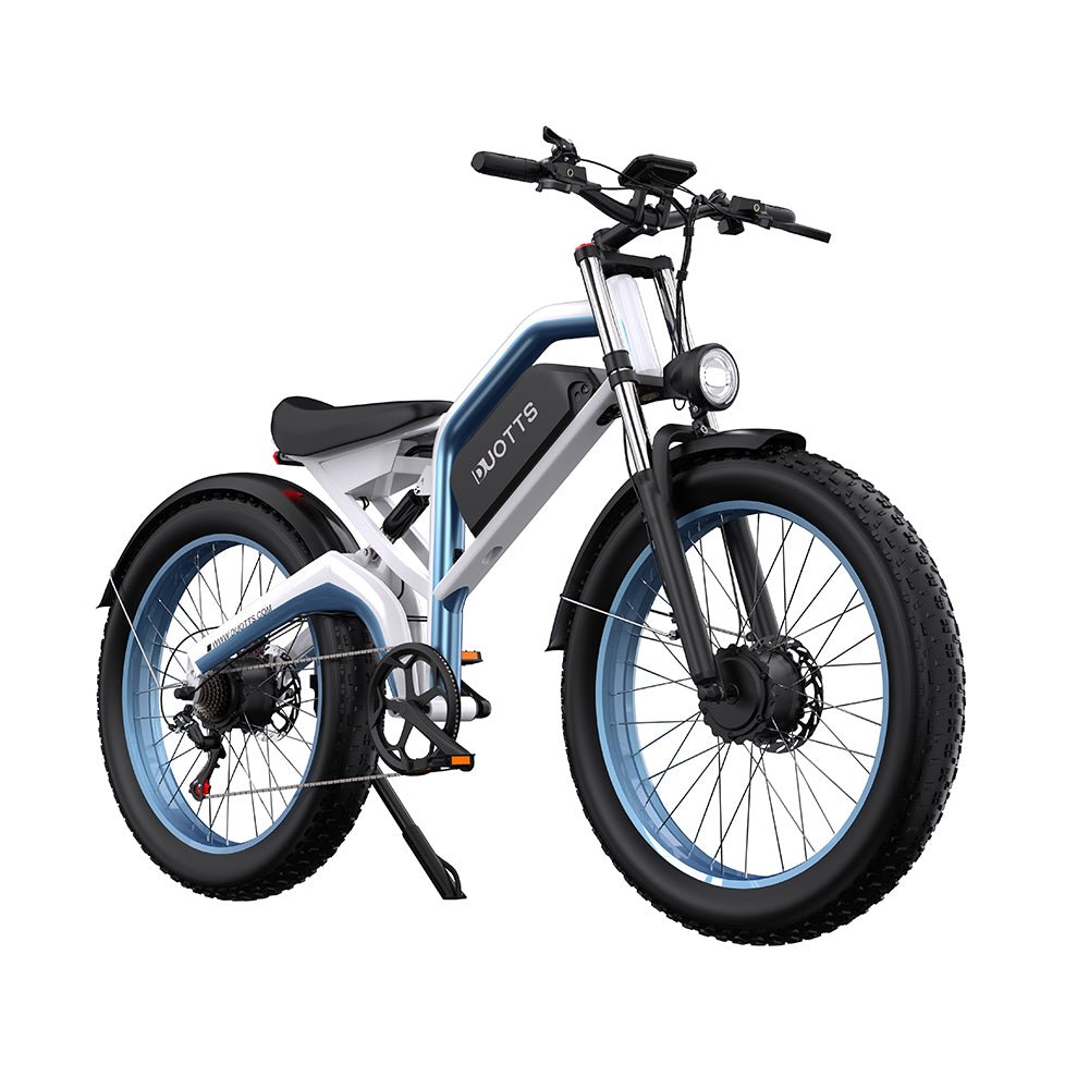 Duotts N26 fat-tyre e-bike, front three-quarter view from the opposite side in grey