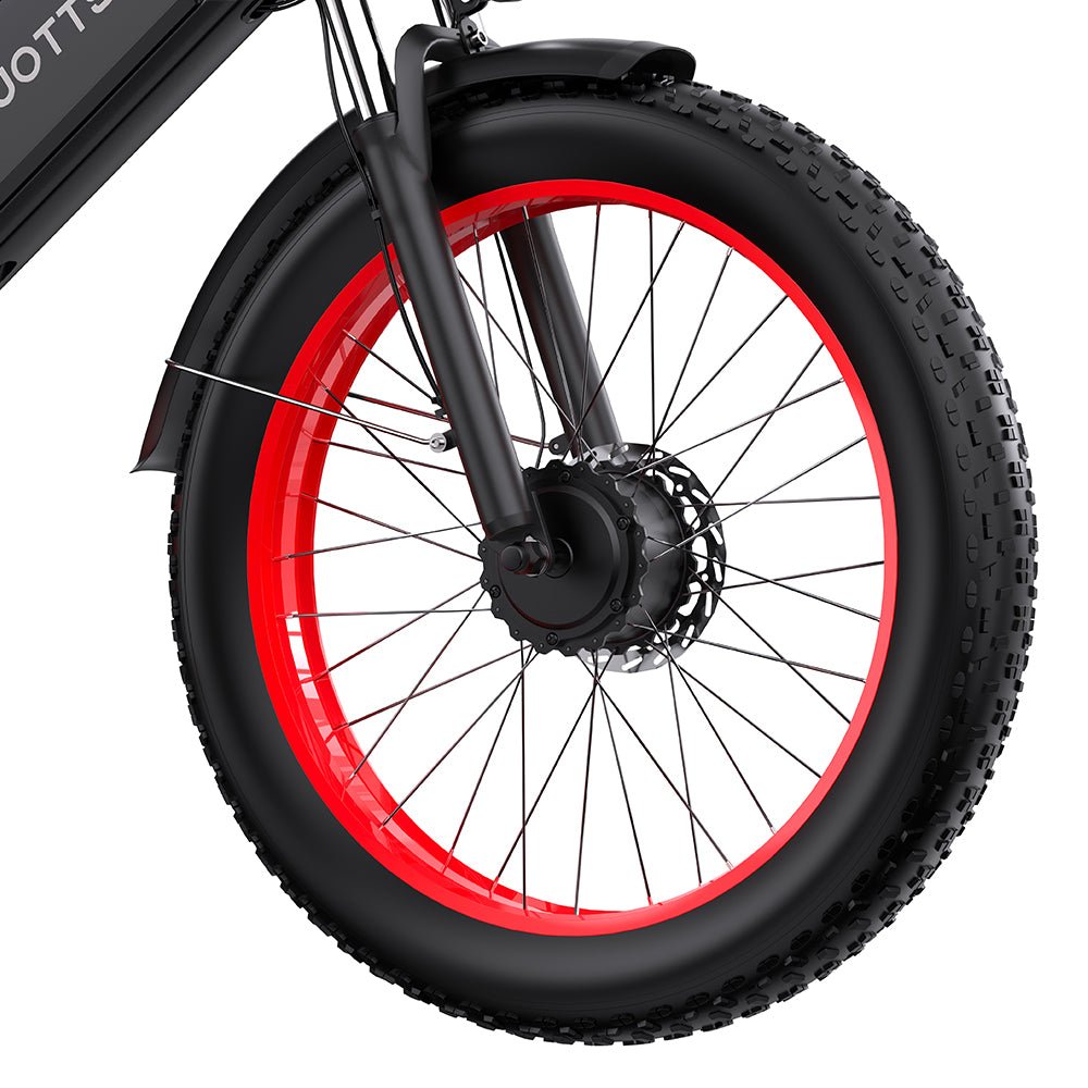 Close-up of the Duotts N26 tyre in red