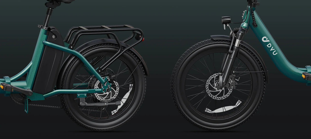 DYU C9 folding e-bike folded against a dark background