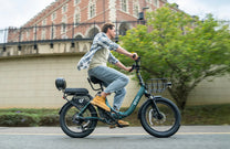Woman riding the DYU C9 folding e-bike in the city