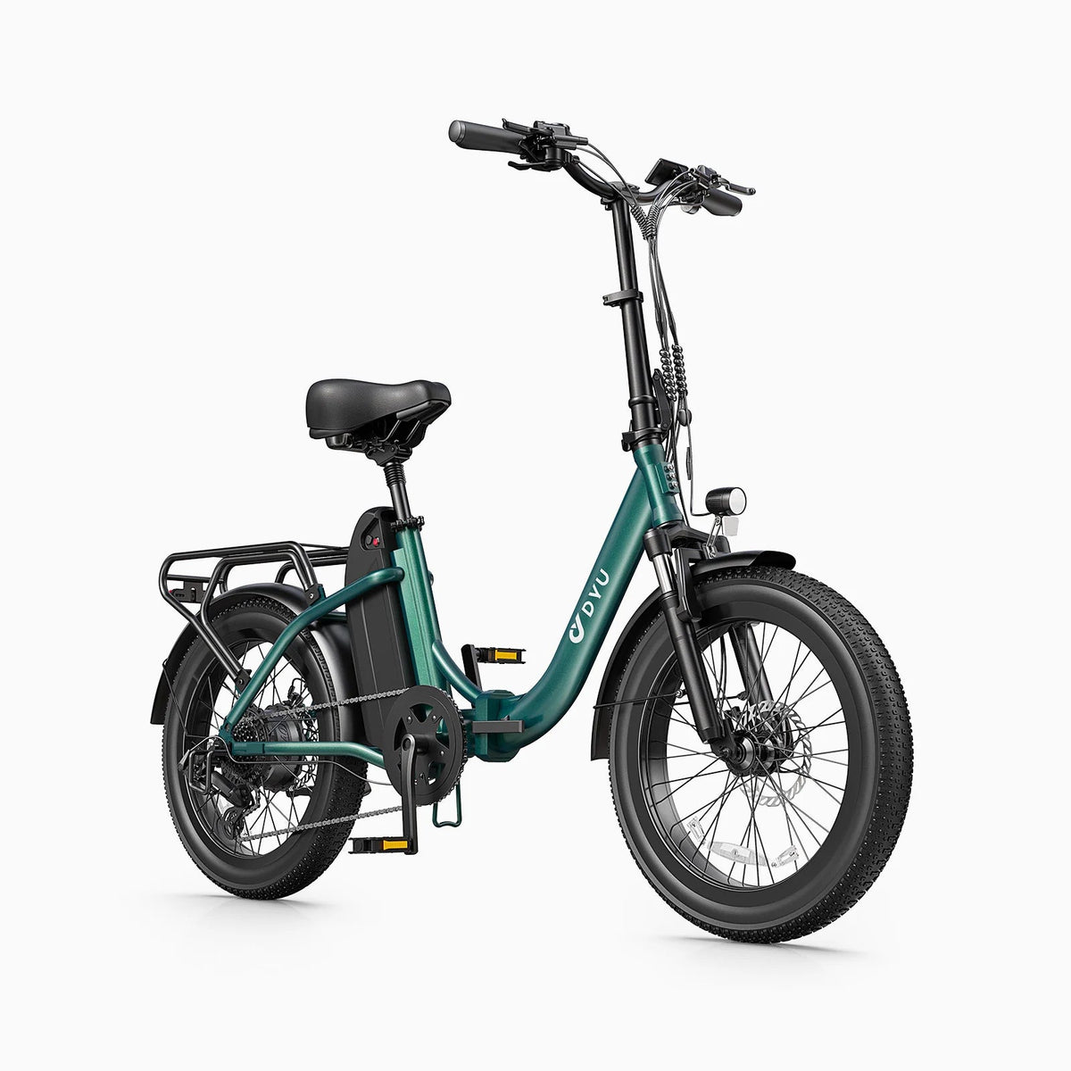DYU C9 folding e-bike, front three-quarter view in green