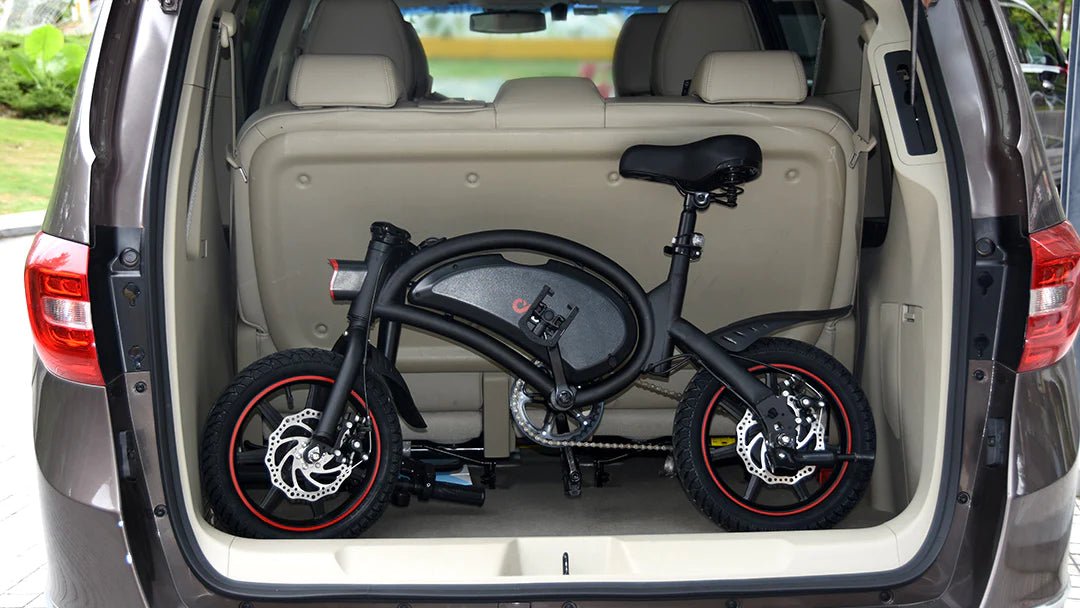 Folded DYU D3S folding e-bike in a car boot