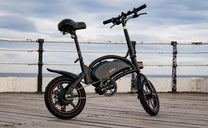 DYU D3S folding e-bike seen from the side by the sea