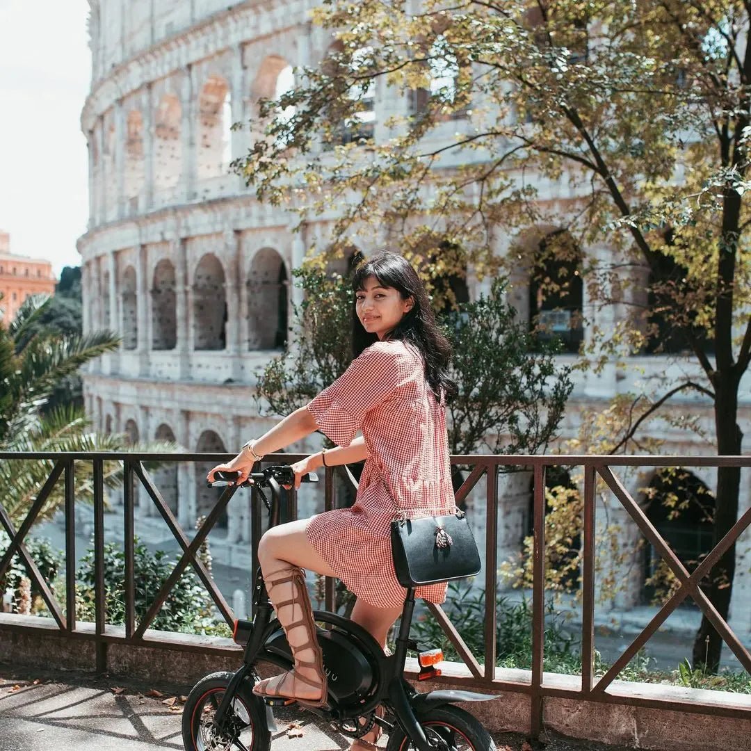 Woman riding the DYU D3S folding e-bike in the city