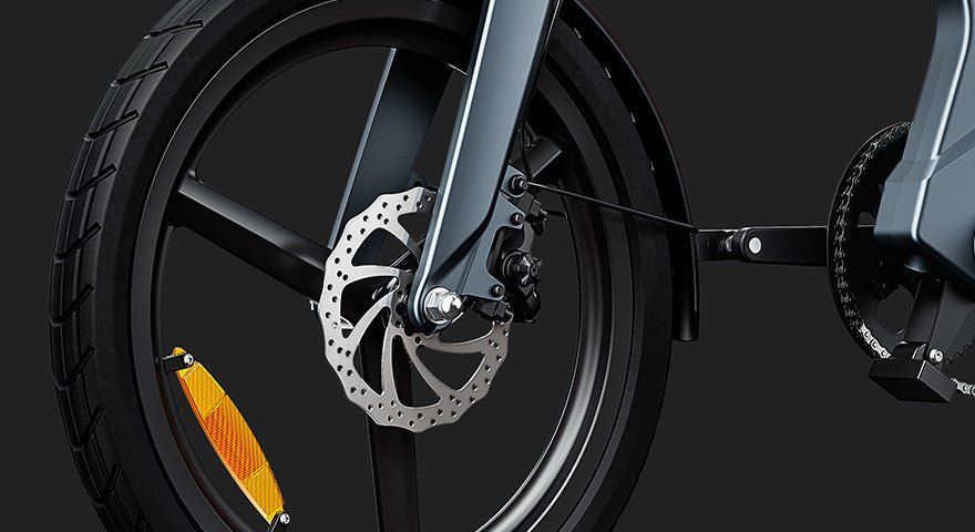 DYU T1 front wheel and fork against a dark background