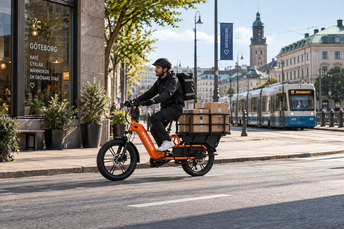 Courier delivering parcels on a HOVSCO electric cargo bike in Gothenburg